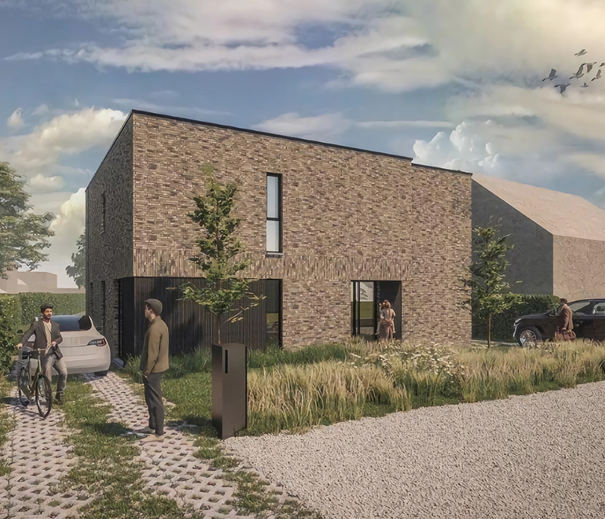 Render van de twee halfopen woningen die op de projectgrond aan de Meelbergstraat gebouwd kunnen worden.