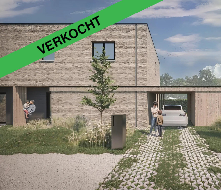 Render van de verkochte nieuwbouwwoning Nieuwe Erven 24 in Beringen, met een gezin voor de deur.